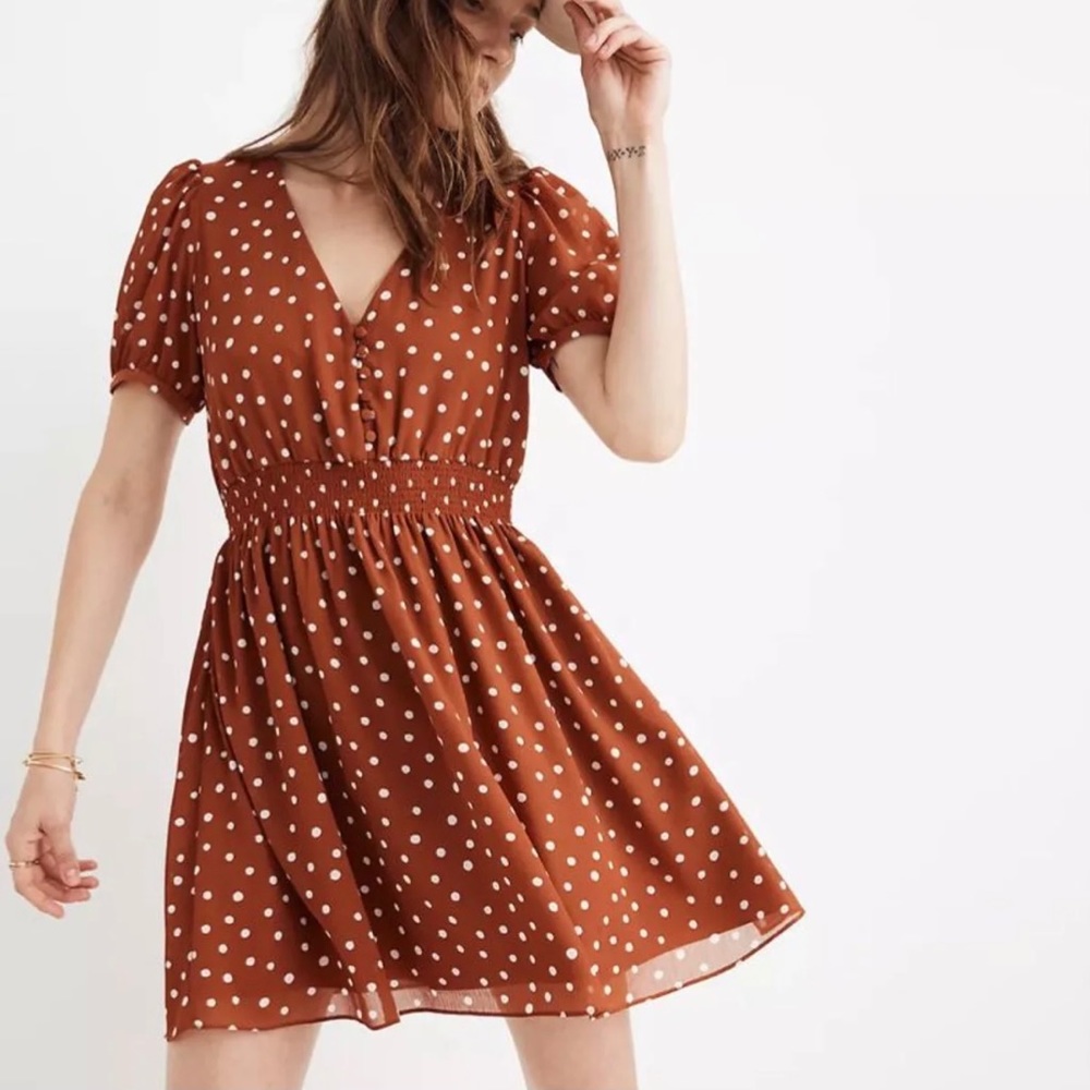 Smocked-Waist Mini Dress in Inkspot Dots